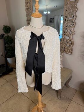 Ivory Sequin Cropped Cardigan with Black Satin Bow